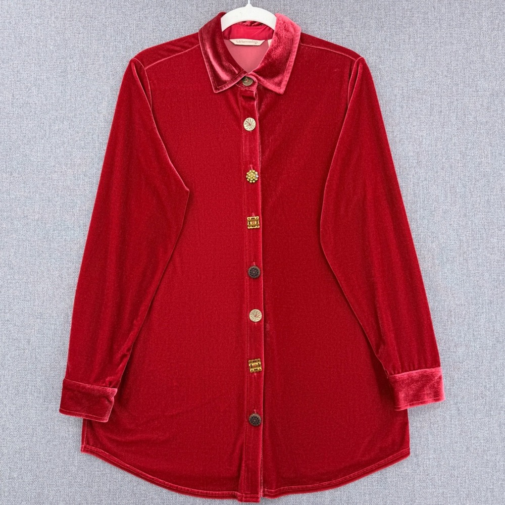 Soft Surroundings Red Velvet Button Front Tunic Shirt Jacket Size M Embellished